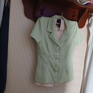 Light Green Short Sleeve  Skirt Suit . Short Sleeve, Button Up Front Jacket And